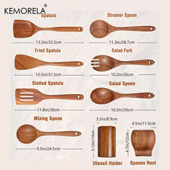 9pcs Wooden Spoons Utensils Holder Teak Kitchen Set with Spoon Rest