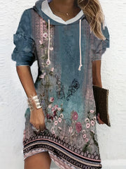  Floral Print Long Sleeve Hoodie Dress