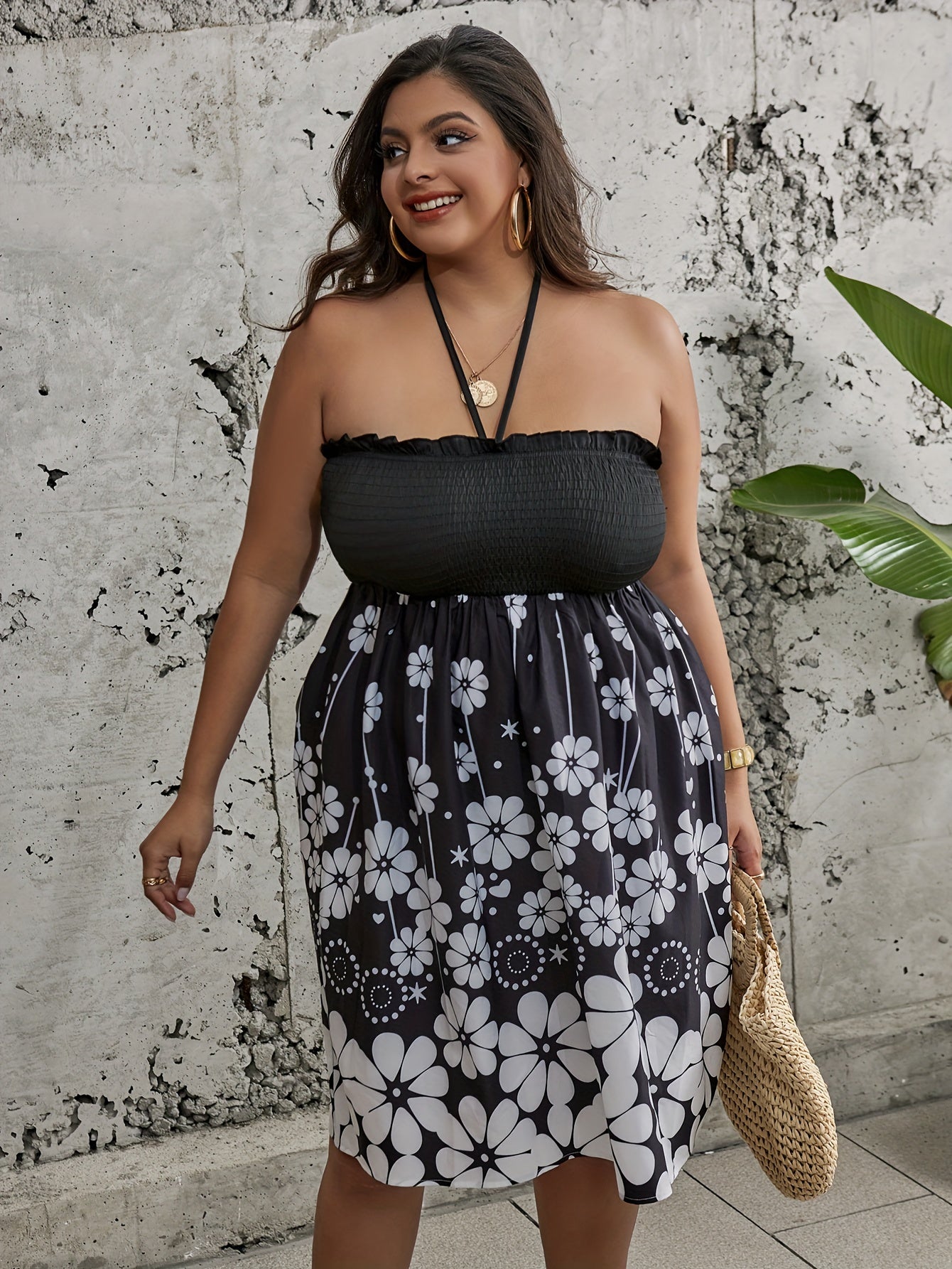  Boho Dress Women's Plus Floral Print Ruffle Trim Halter Neck Dress