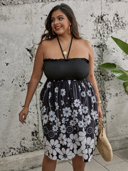  Boho Dress Women's Plus Floral Print Ruffle Trim Halter Neck Dress