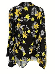 Plus Floral & Leaf Print Button Up Long Sleeve Blouse