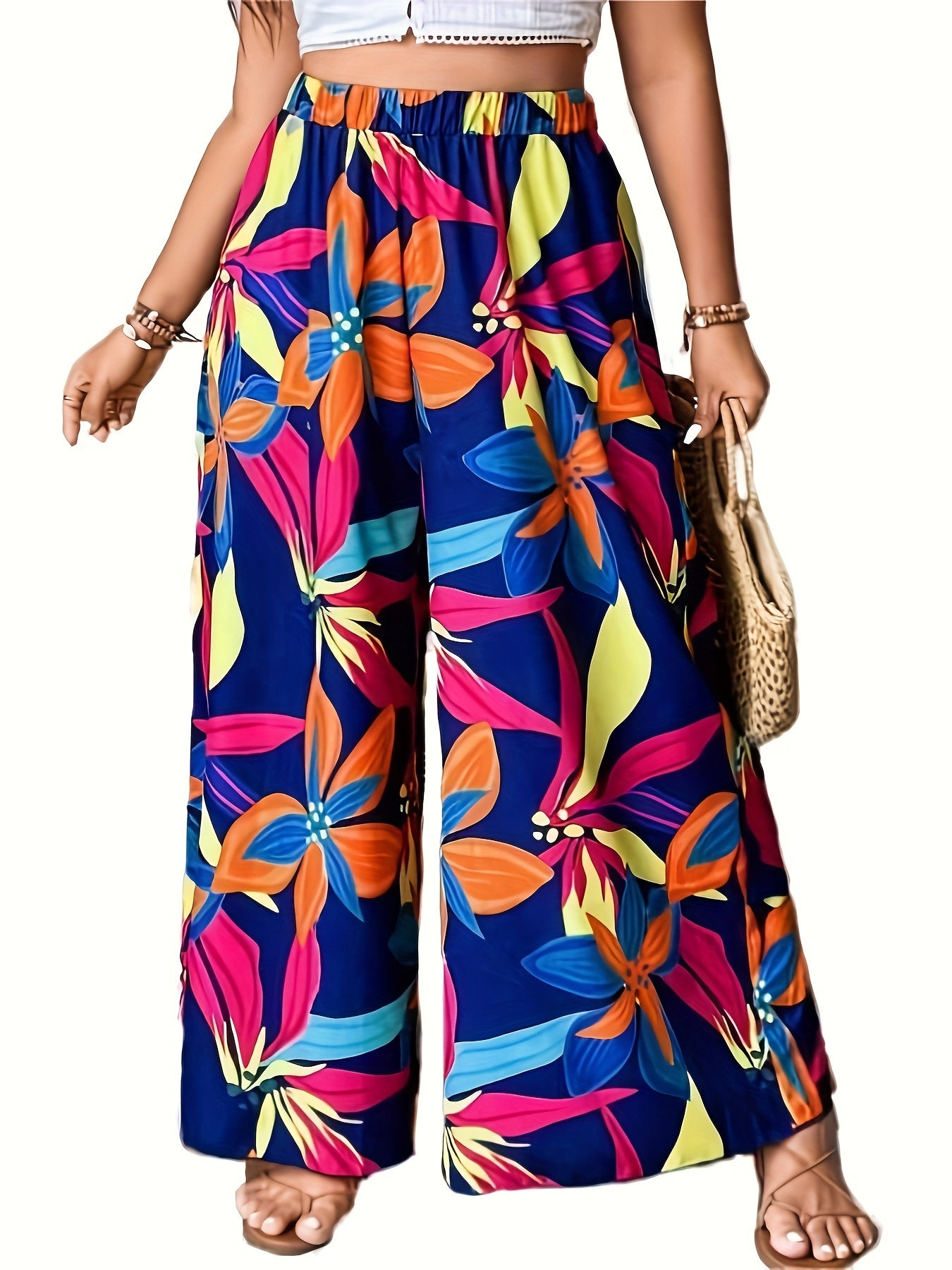 Plus Tropical Print High Rise Wide Leg Trousers