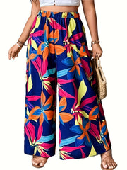 Plus Tropical Print High Rise Wide Leg Trousers