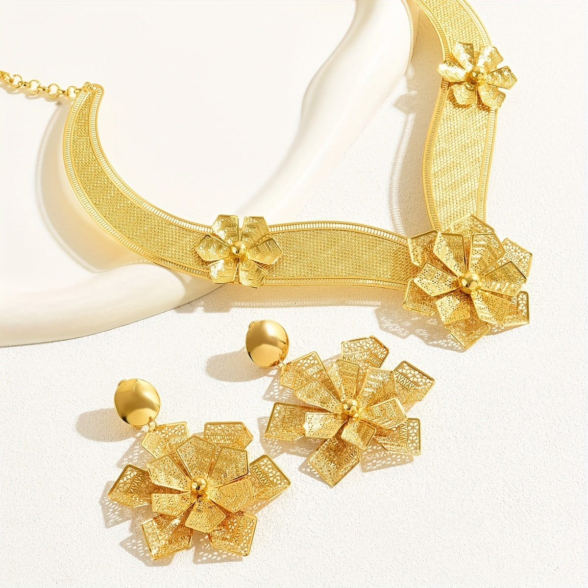 3pcs Exaggerated Jewelry Set 18k Plated Flower African Bride's Wedding Jewelry