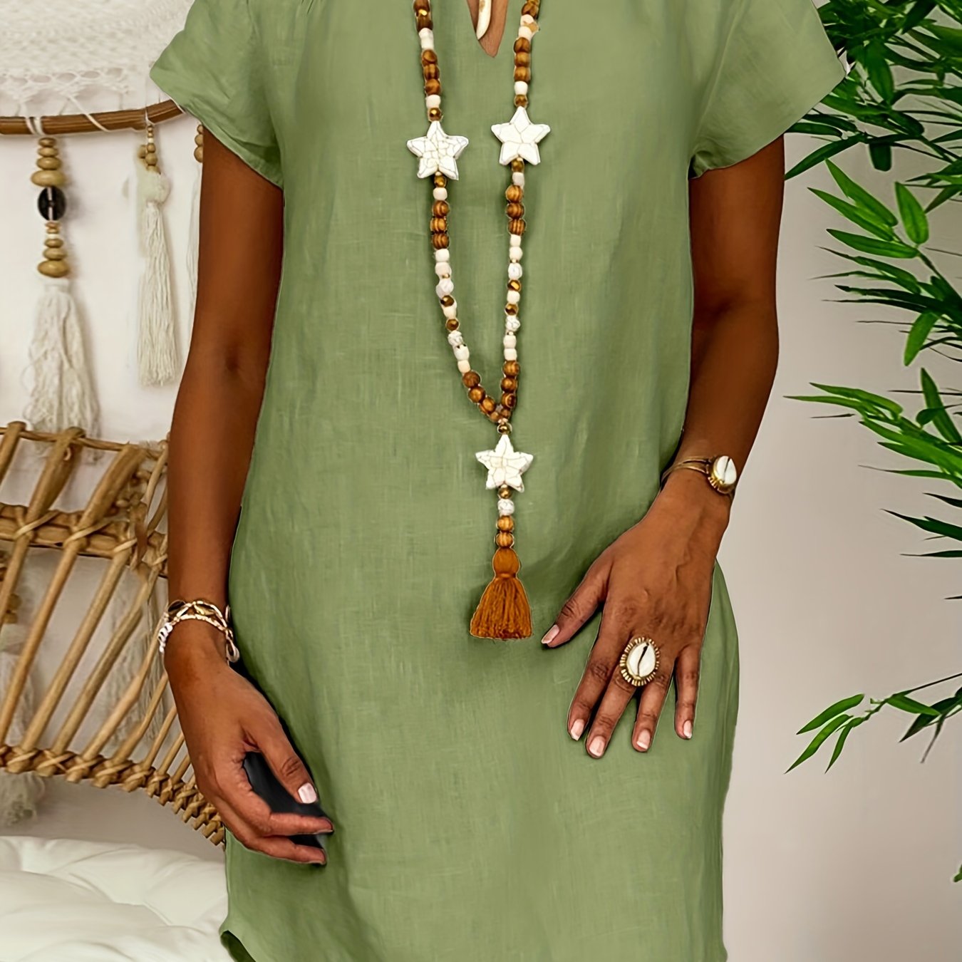 Plus Size Plain Notched Neck Short Sleeve Dress