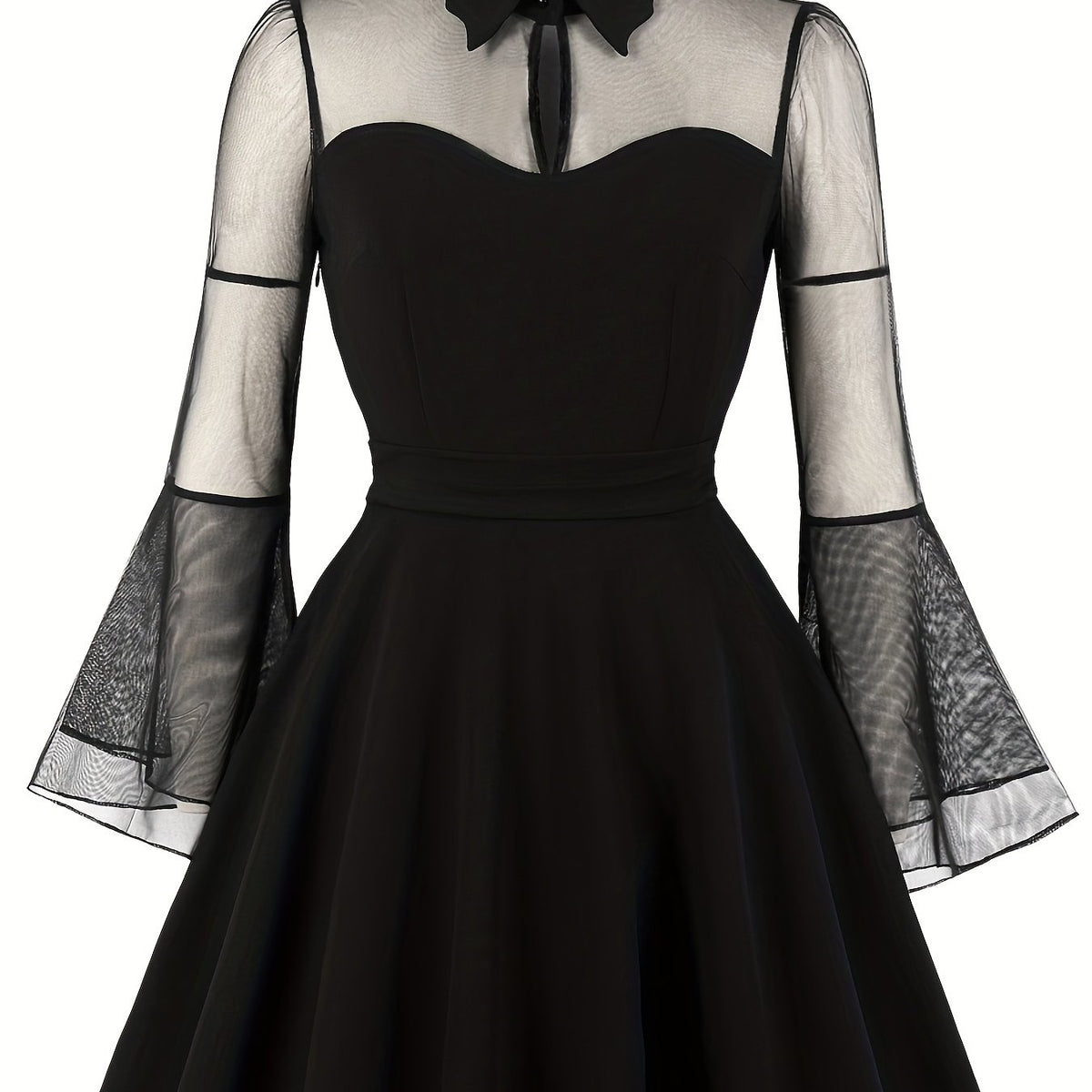  Contrast Mesh Sleeve Polo Neck Dress