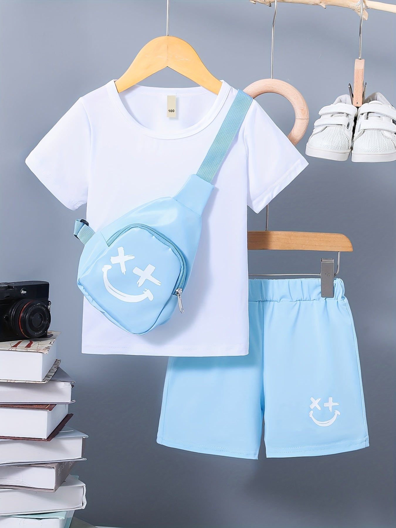 3pcs Boys Casual Short Sleeve T shirt & Shorts Set + Crossbody Bag