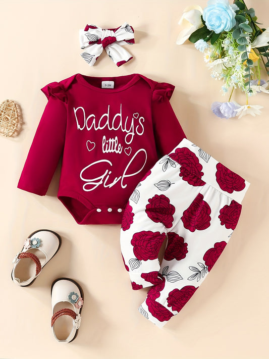 3pcss Baby Casual Outfits Top With Letter Daddy's Little Girl Floral Trousers