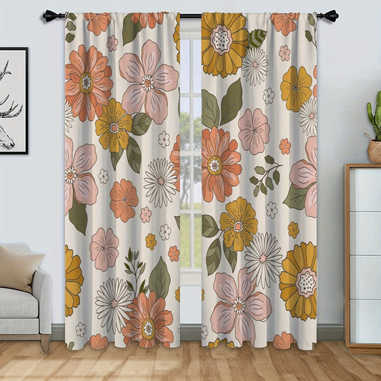 2pcs Romantic Flower Curtain Rod Pocket Window Curtains