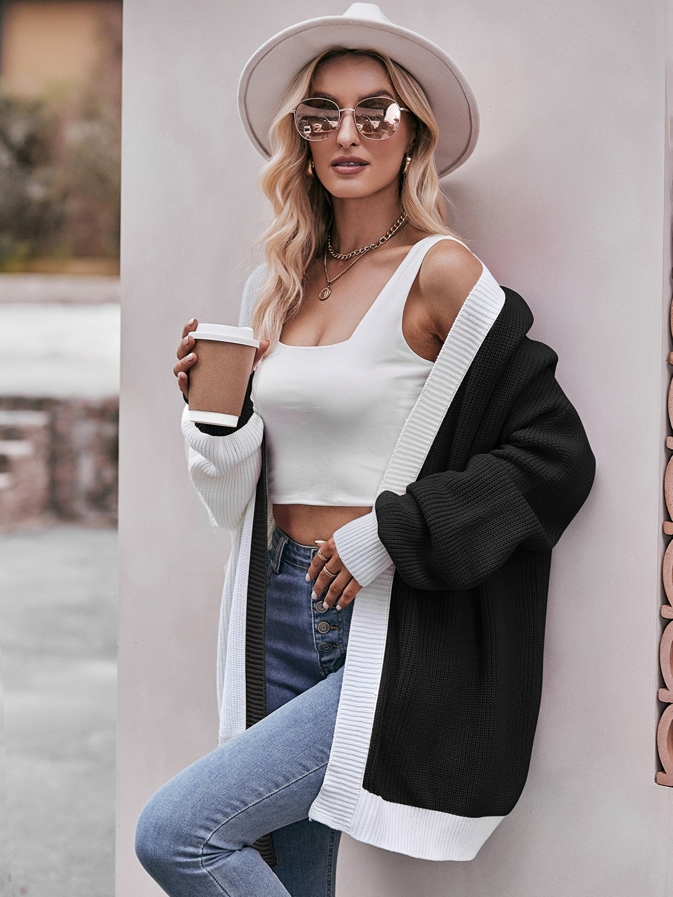  Colorblock Long Sleeve Open Front Cardigan