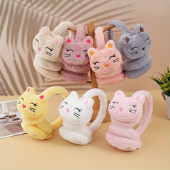Plush Cat Ear Winter Hat with Retractable Ears Soft Pastel Colors