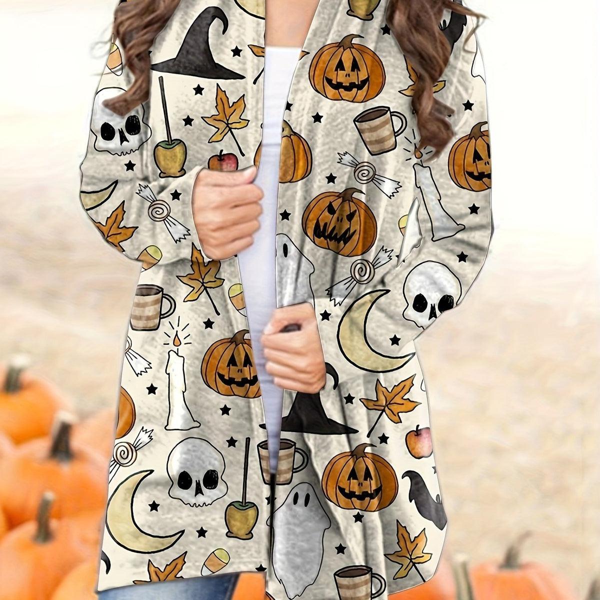 Women's Plus Pumpkin & Ghost Print Halloween Cardigan Long Sleeve