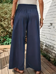 Women's Plus Solid Elastic Waist Button Wide Leg Pants
