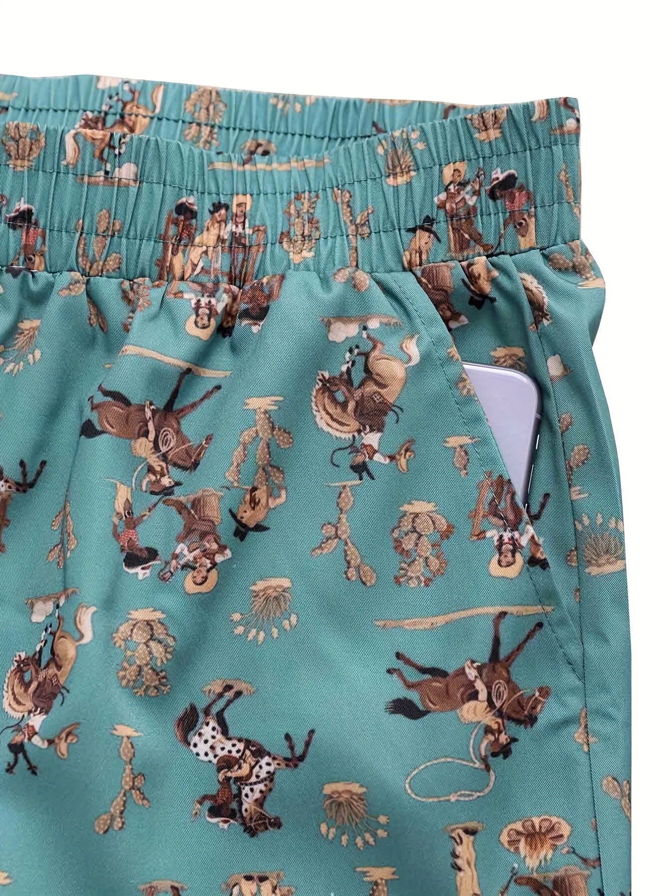 Cowboy Print Plus Size Western Pants Women's Straight Leg Drawstring Trousers