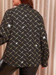  Blouse Women's Plus Golden Argyle Print Long Sleeve Tie Neck Shirt Top