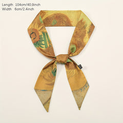 Skinny Scarf Oil Painting Print Long Ribbon Neckerchief Women Casual Necktie