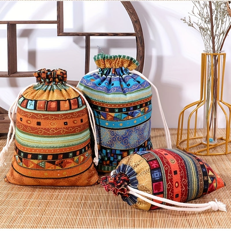 1pc Linen Gift Bags Drawstring Storage Bags Egyptian Pattern Burlap Bag