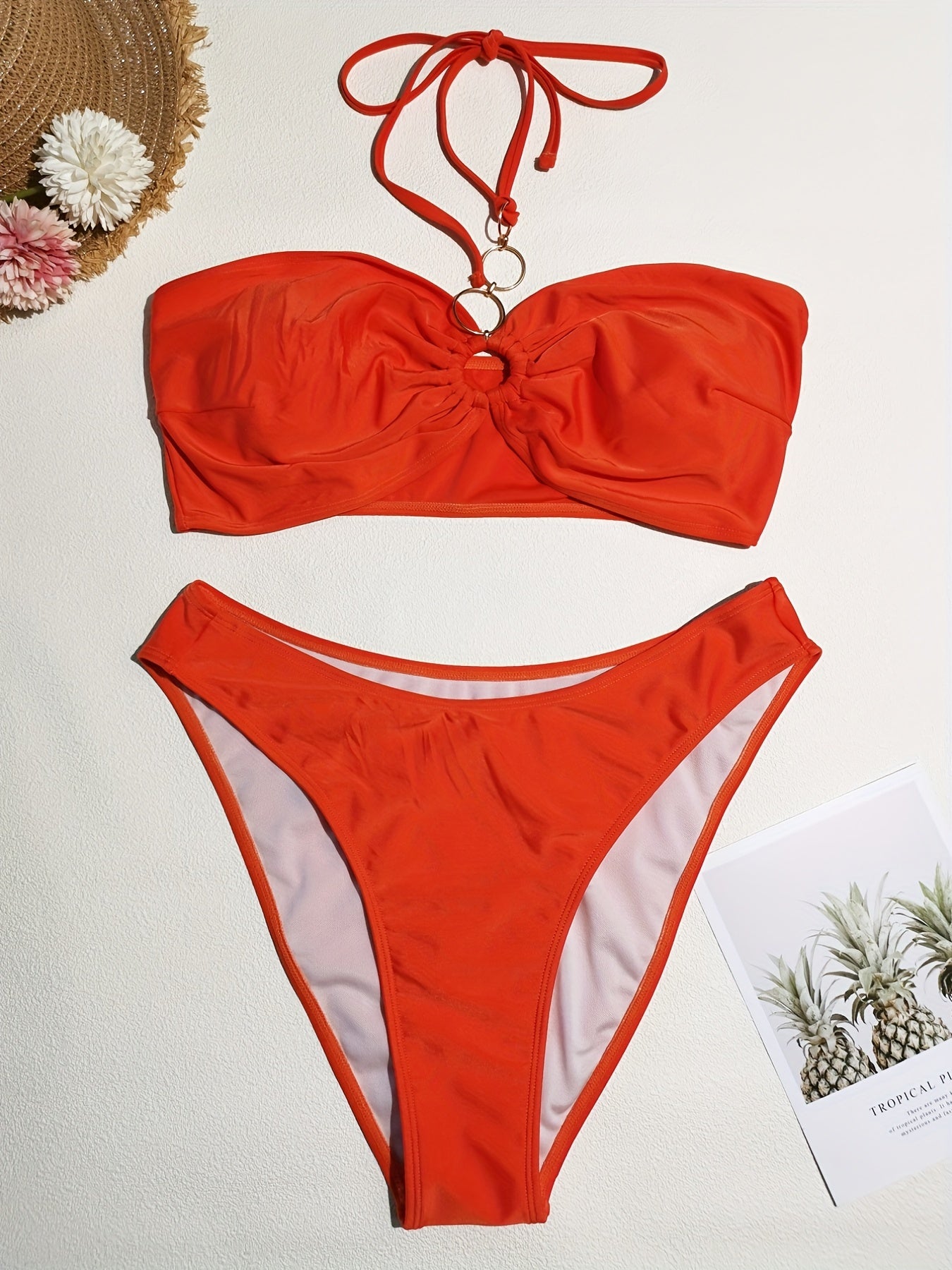  Solid Halter Neck Bikini Set with Ring Decor