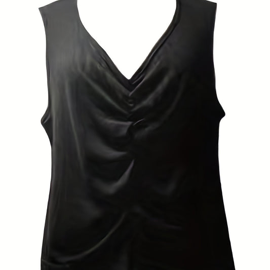  Sexy Tank Top Women's Plus Solid Ruched Front V Neck Medium Stretch