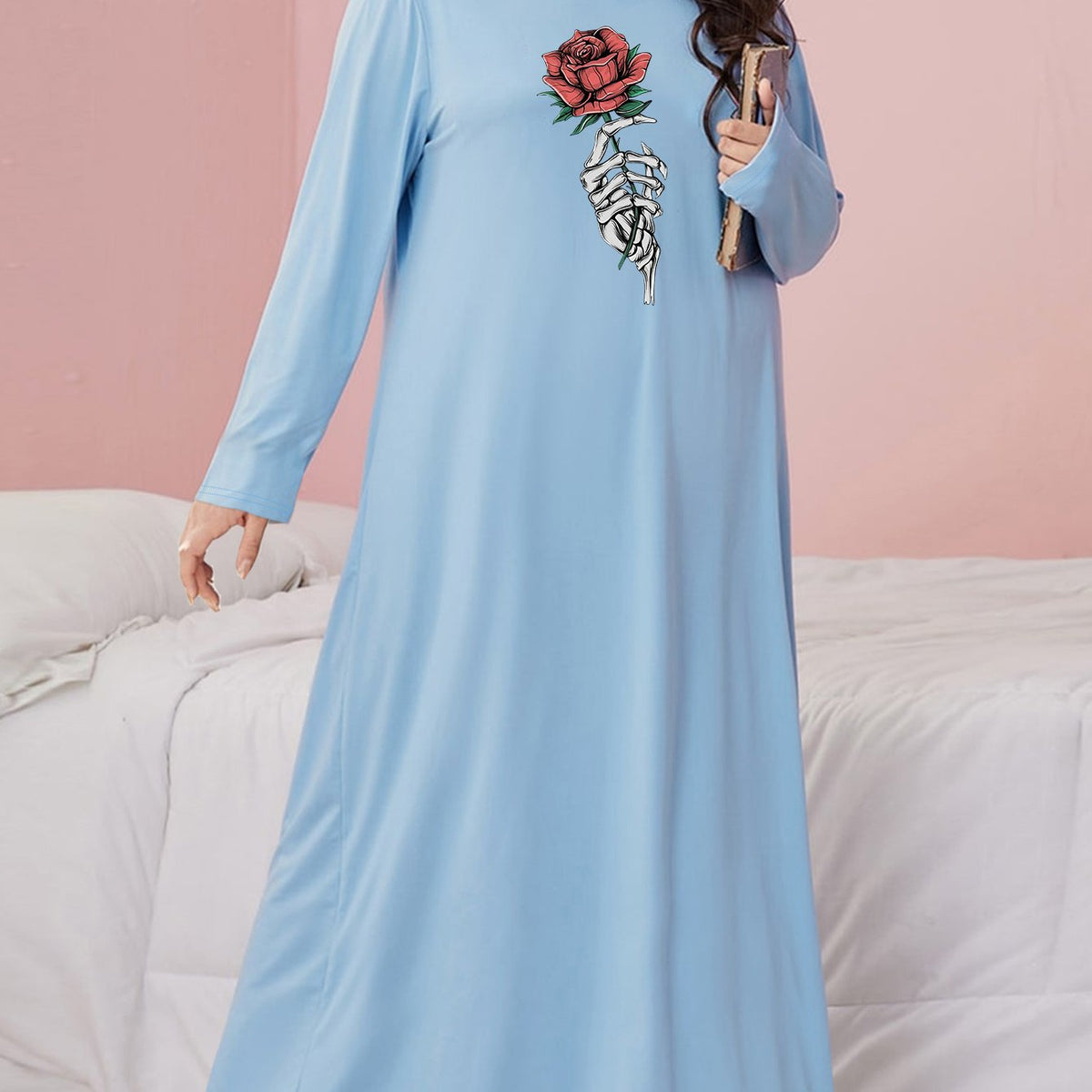 Plus Size Gothic Nightdress Skeleton Hand & Rose Print Sleep Dress