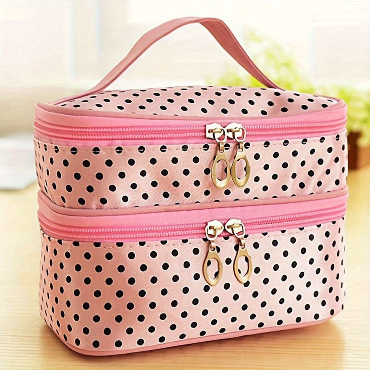 Double Layer Makeup Case Travel Toiletry Pouch Bag Pink Polka Dot