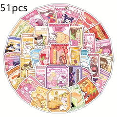 51pcs Cartoon Snack Pack Stickers Waterproof Vinyl Self Adhesive Irre