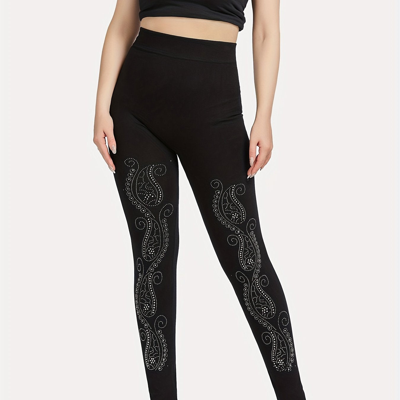Paisley Rhinestone Skinny Leggings Casual Stretchy Leggings