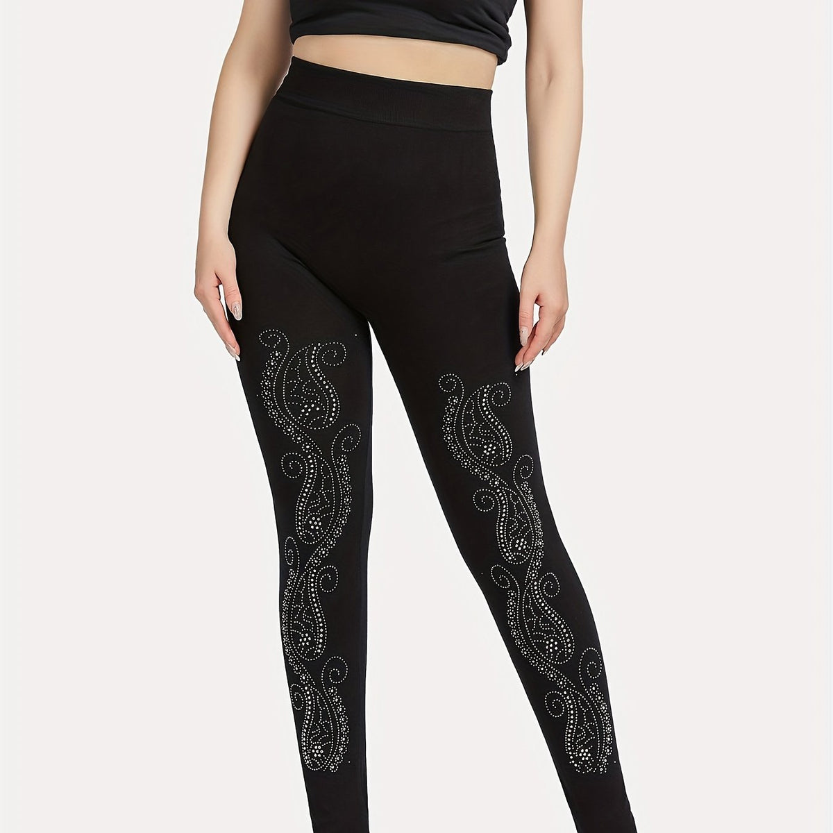 Paisley Rhinestone Skinny Leggings Casual Stretchy Leggings