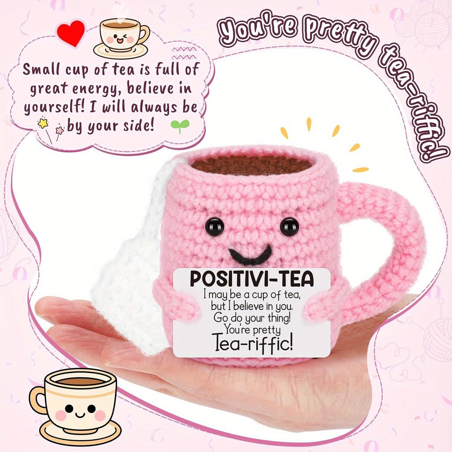 Crocheted Tea Cup Doll Decor with Positive Energy Font DIY Accessory Gift