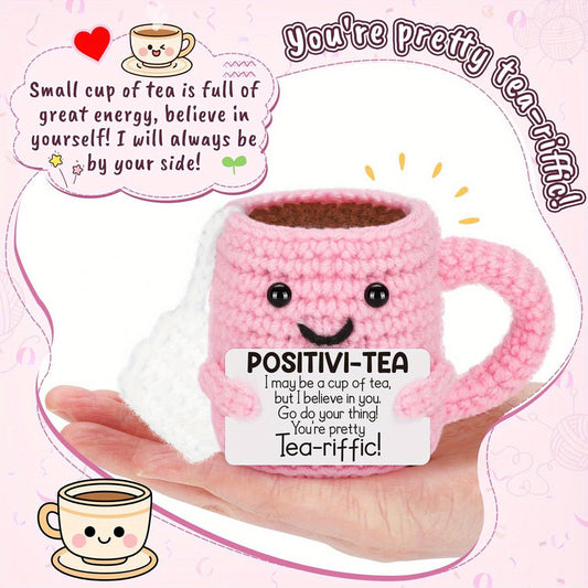 Crocheted Tea Cup Doll Decor with Positive Energy Font DIY Accessory Gift