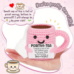 Crocheted Tea Cup Doll Decor with Positive Energy Font DIY Accessory Gift