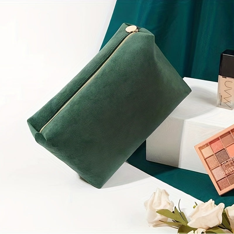 Green Square Makeup Bag Roomy Velvet Zipper Cosmetic Pouch
