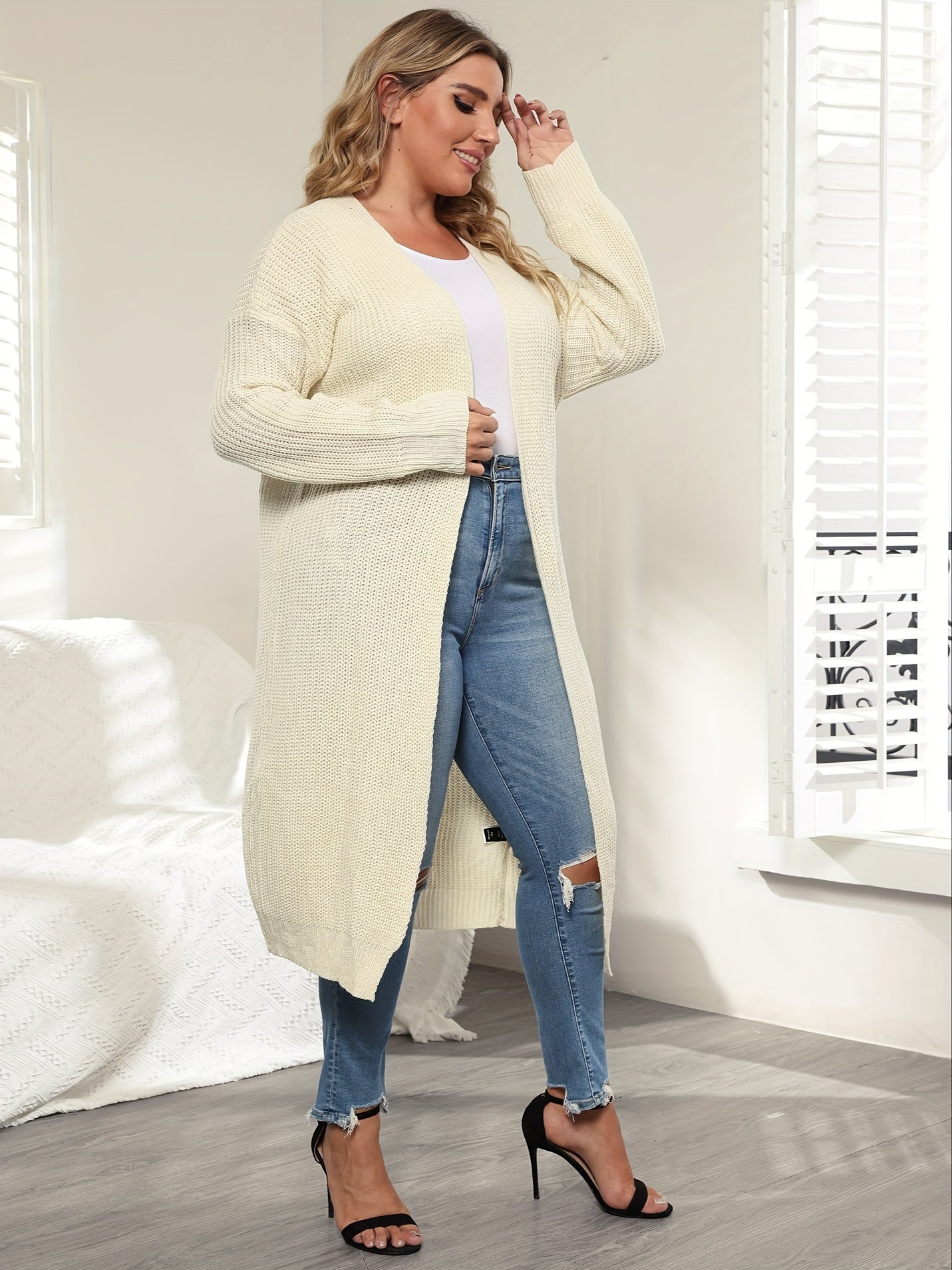  Casual Cardigan Women's Plus Solid Long Sleeve Open Front Cardigan