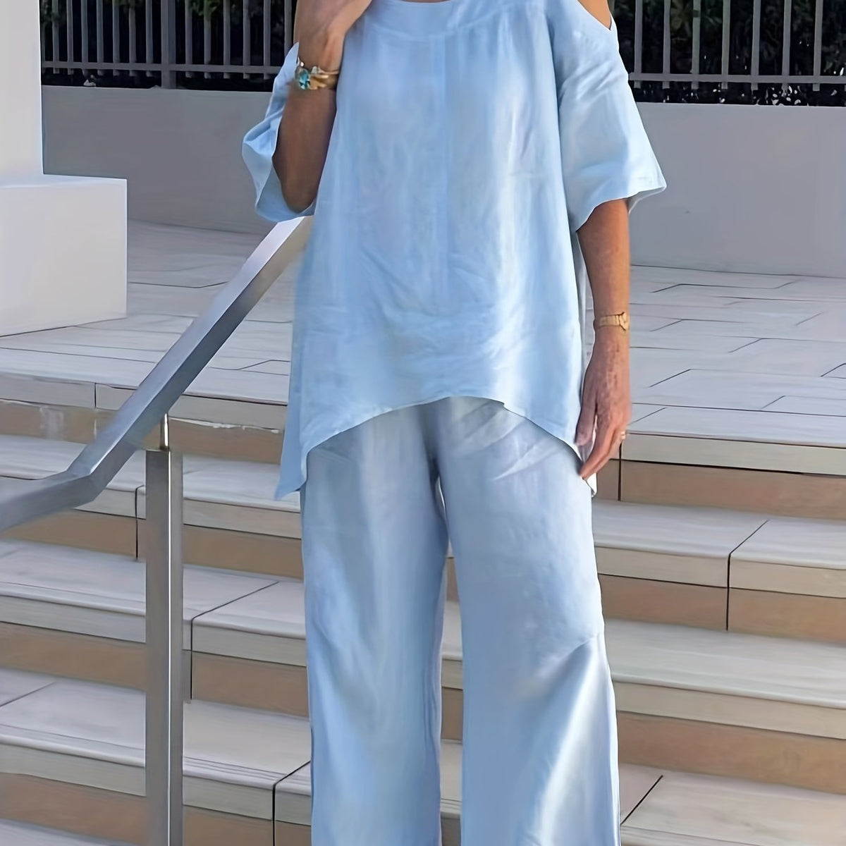  2 Piece Set Solid Cold Shoulder Top & Pants Outfit