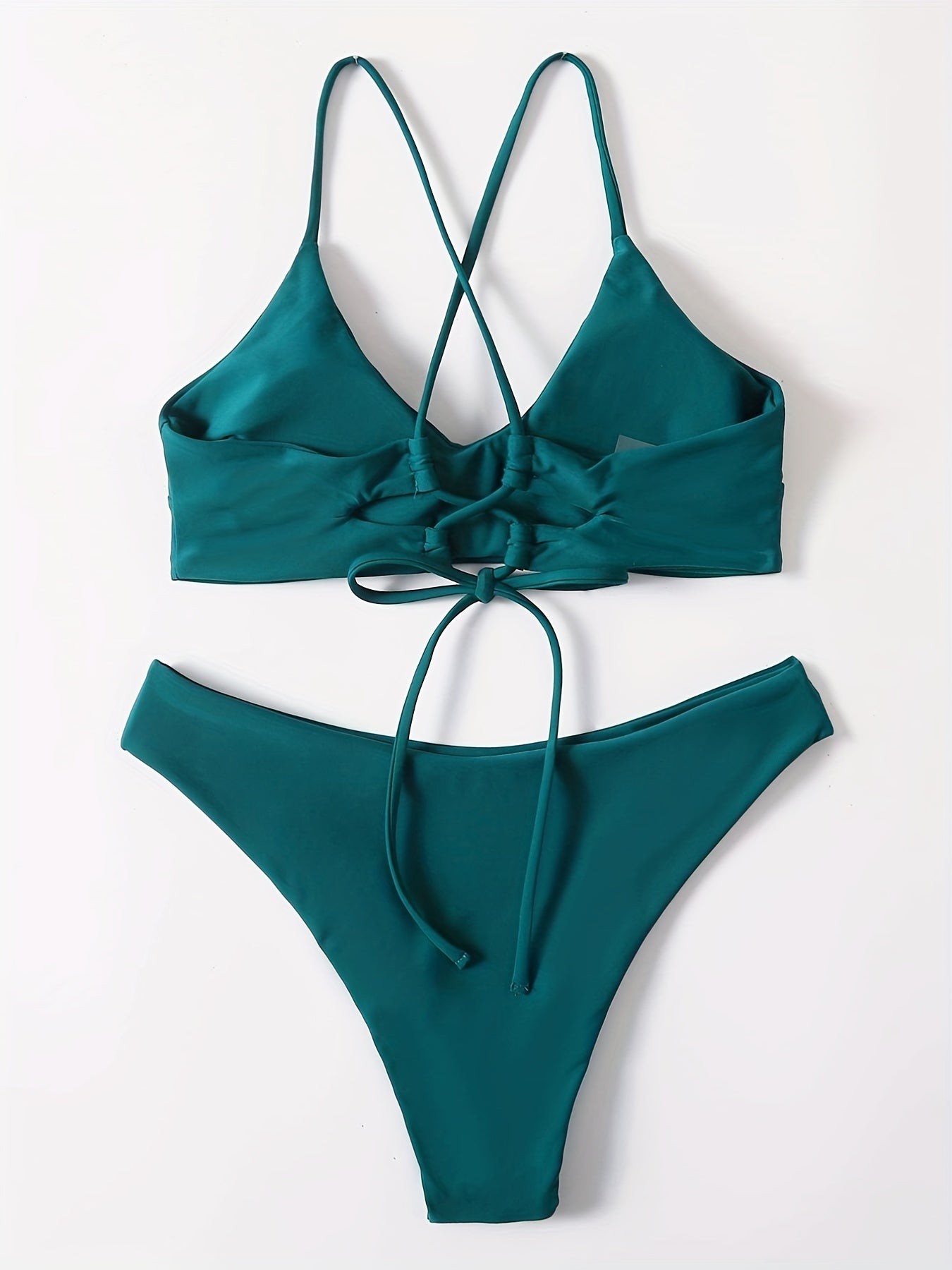 Dark Green Criss Cross Tie Back Bikini Swimsuit
