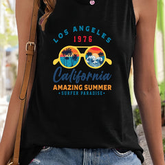 Glasses & Trees Pattern Stretchy Sports Vest Round Neck Sleeveless Casual Top
