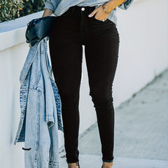  Solid Button Fly High Stretch Skinny Jeans