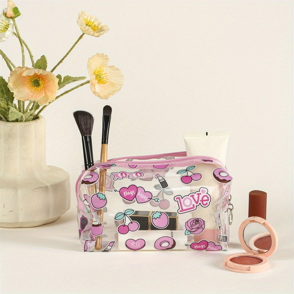 Heart Donut Pattern Makeup Bag PVC Waterproof Roomy Zipper Makeup Pouch