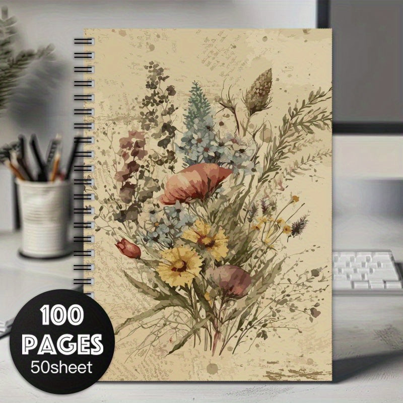 Vintage Floral Spiral Notebook 100 Pages Botanical Illustrations for Journaling