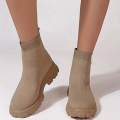 Women's Knitted Ankle Boots Solid Round Toe Slip on Boots