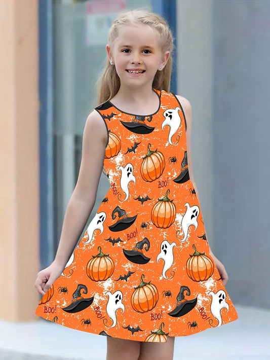 Girls Pumpkin & Ghost Sleeveless Dress Round Neck Halloween Casual Dress