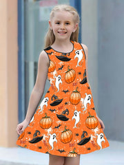 Girls Pumpkin & Ghost Sleeveless Dress Round Neck Halloween Casual Dress