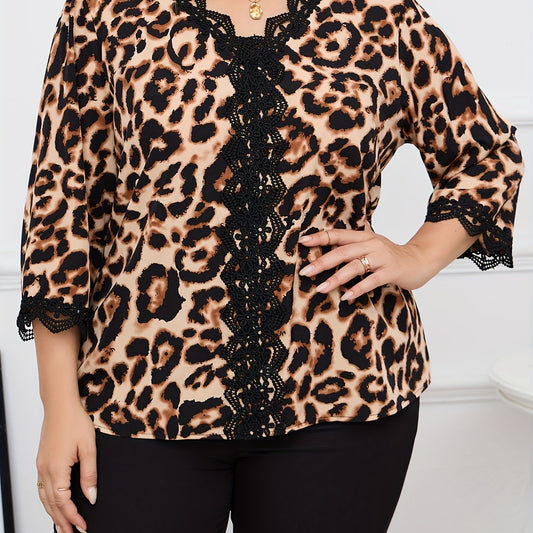  Leopard Print Lace Trim V Neck Blouse