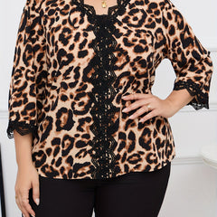 Leopard Print Lace Trim V Neck Blouse
