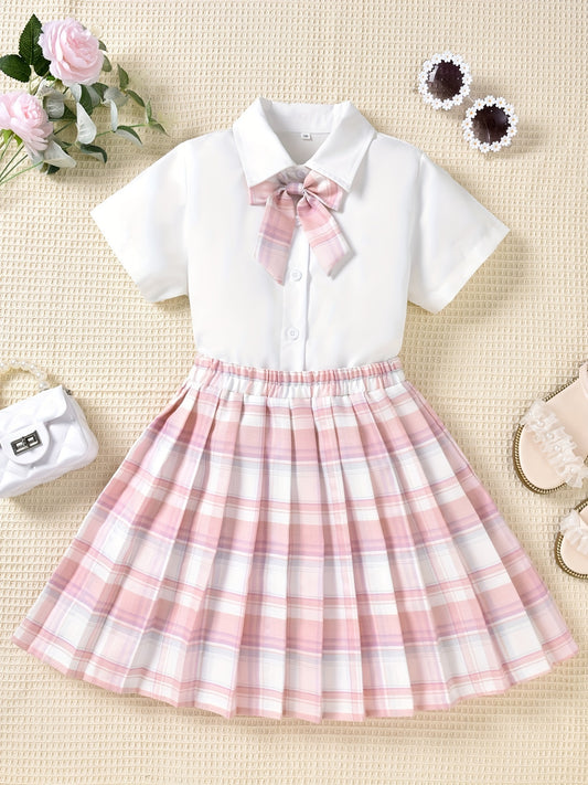 Girls Bow Front Button Short Sleeve Blouse Top & Plaid Pleated Skirt Set