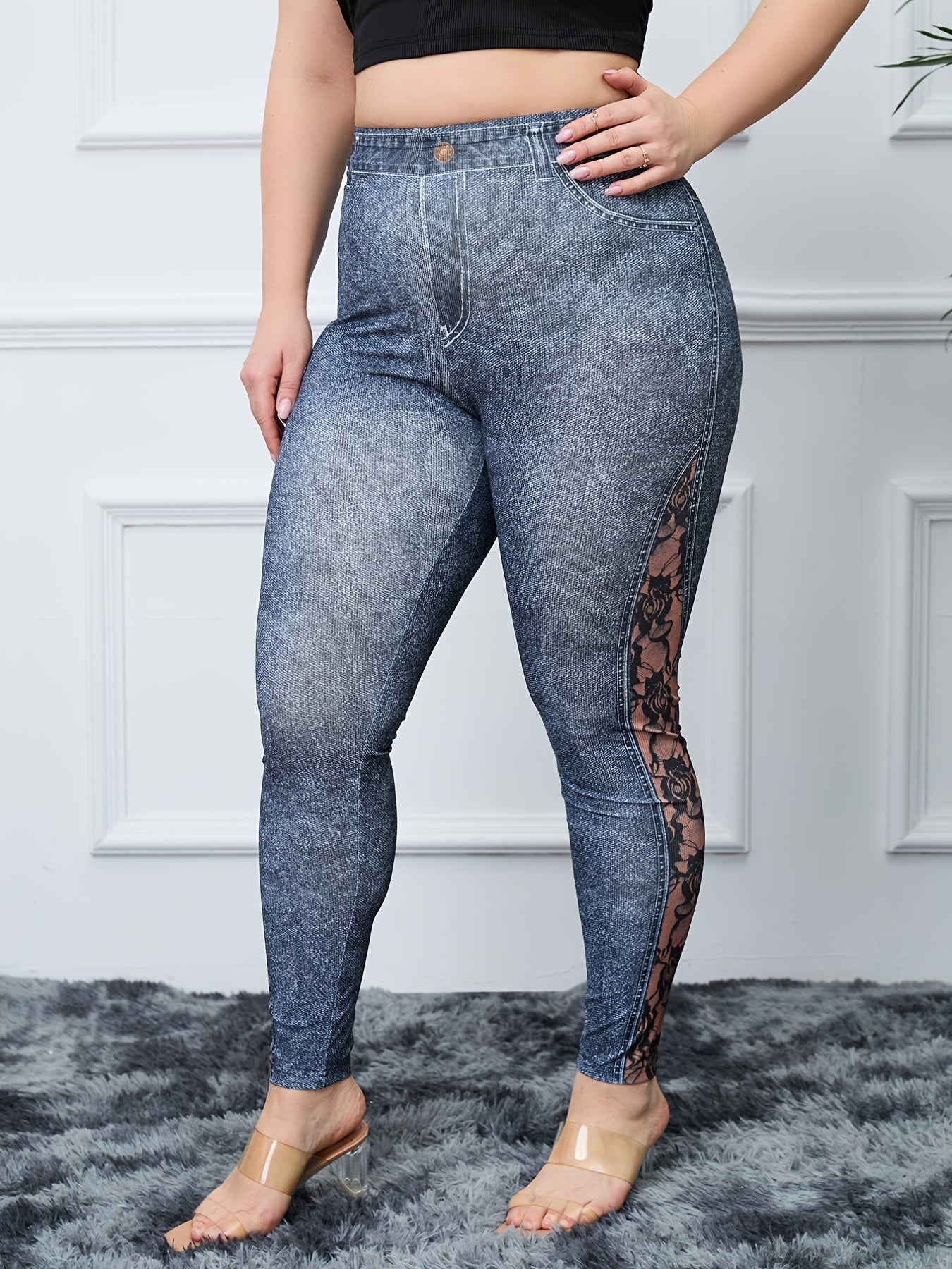  Lace Flower & Denim Print High Rise Skinny Leggings Women's Plus