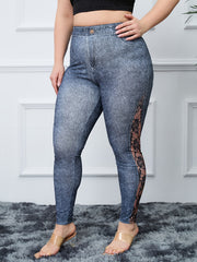  Lace Flower & Denim Print High Rise Skinny Leggings Women's Plus