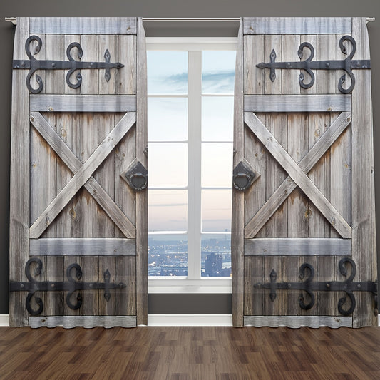2pcs Vintage Door Curtains Retro Wooden Door Polyester Fiber Waterproof Material