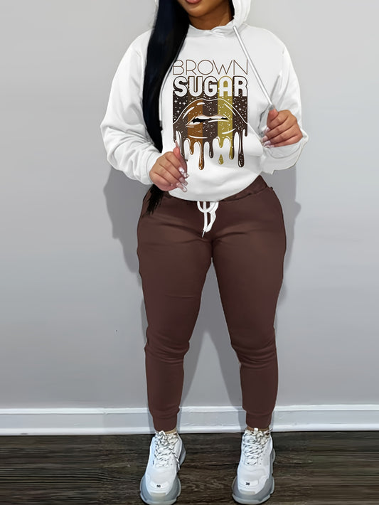 Women's Plus Lip & Letter Print Hoodie & Joggers Set
