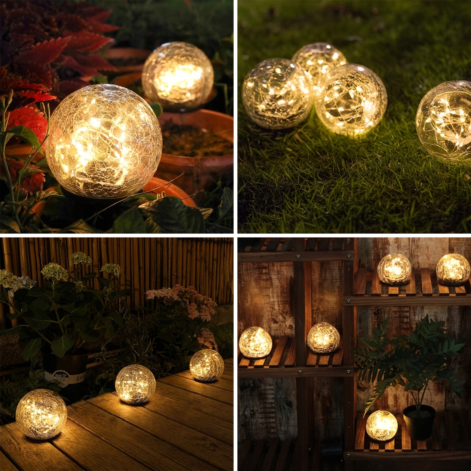 1pc Garden Solar Lights Cracked Glass Ball Warm LED Waterproof Outdoor Decor